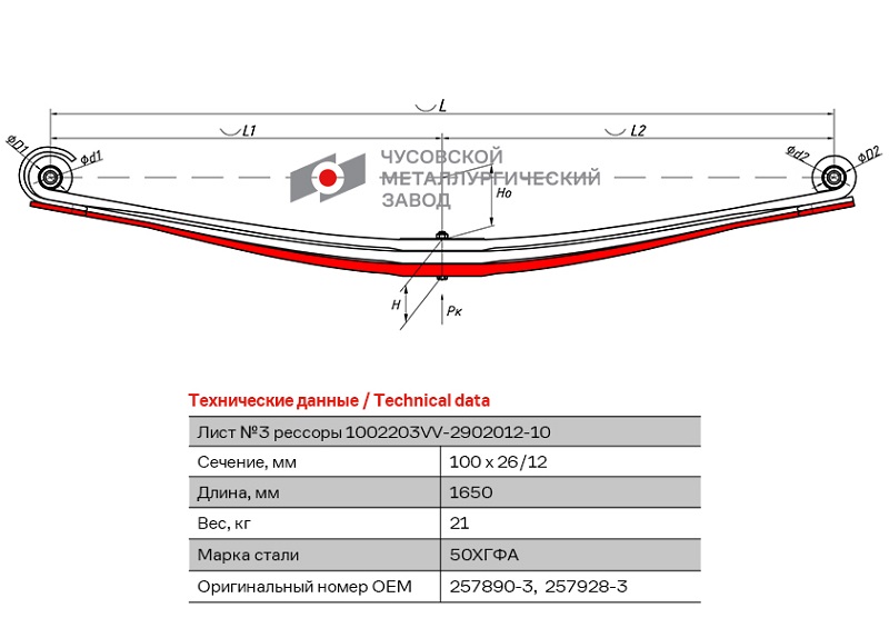 Лист рессоры передней Volvo ЧМЗ 1002203VV-2902103