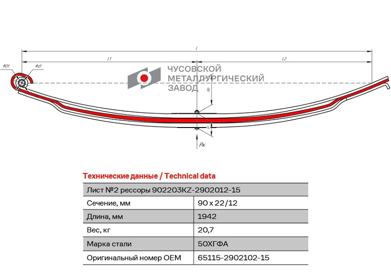 Лист рессоры подкоренной передий КАМАЗ 65115, 65116, 65117 ЧМЗ 65115-2902102-15