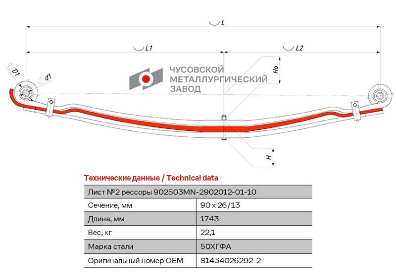 Лист рессоры передний MAN TGA, TGS, TGM ЧМЗ 902503MN-2902102-01