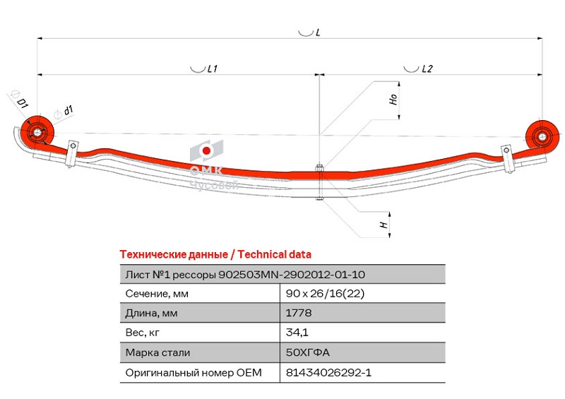 Лист рессоры коренной передний MAN TGA, TGS, TGM ЧМЗ 902503MN-2902101-01-10