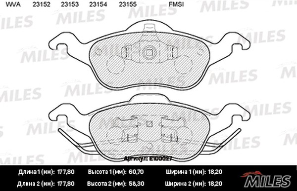 Колодки тормозные, дисковые FORD FOCUS Miles E100027