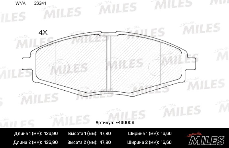 Колодки тормозные, дисковые CHEVROLET LANOS Miles E400006