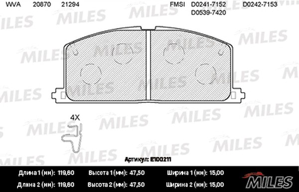 Колодки тормозные, дисковые TOYOTA CAMRY Miles E100211