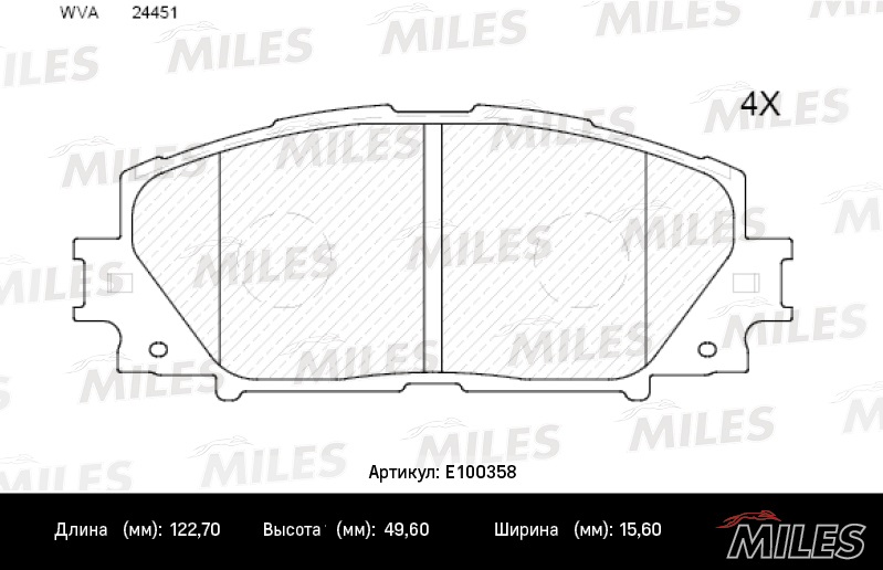 Колодки тормозные, дисковые TOYOTA PRIUS Miles E100358