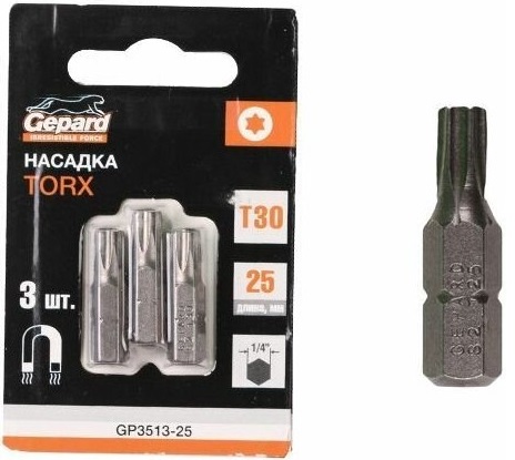 Насадка бита TORX T30 GEPARD GP3513-25, 25 мм, 3 штуки