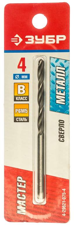 Сверло по металлу Р6М5 ЗУБР 4-29621-075-4.2, 4х43х75 мм