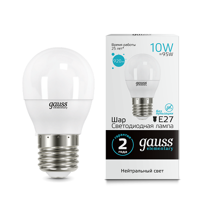 Светодиодная лампа GAUSS 53220 LED Elementary Шар 10W E27 920lm 4100K 1/10/100