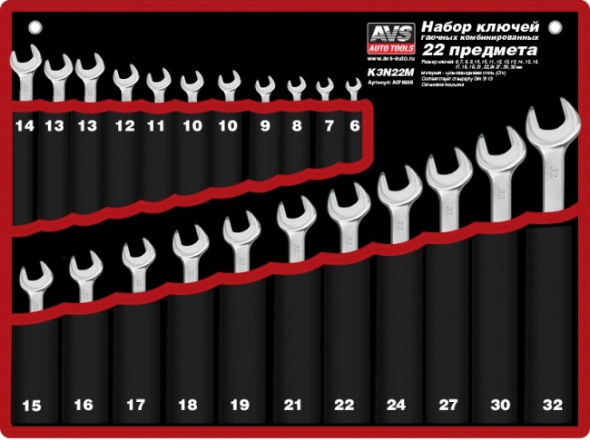 Набор ключей гаечных комбинированных AVS K3N22M A07693S в сумке, 6 - 32 мм, 22 предмета