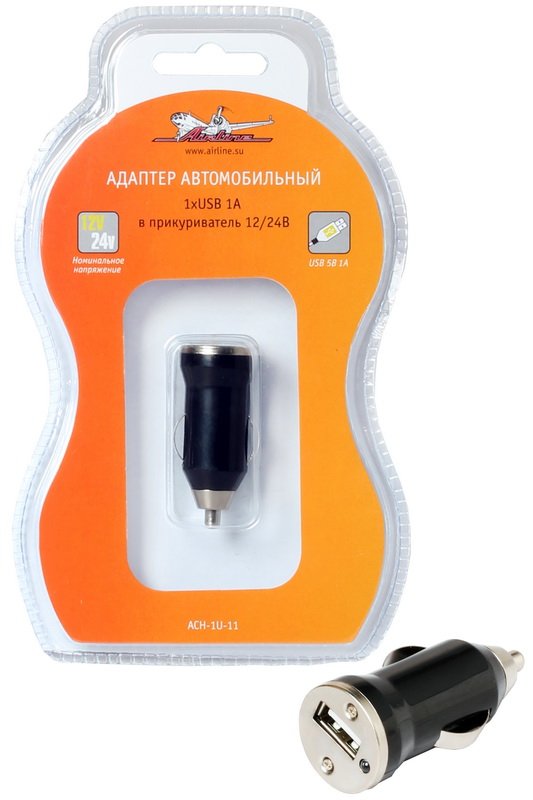 Адаптер автомобильный AIRLINE ACH-1U-11 в прикуриватель 12/24В (1хUSB 1А)