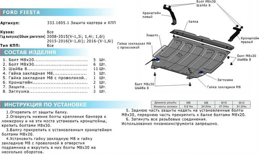 Защита алюминиевая Rival для картера и КПП Ford Fiesta VI 2008-2020