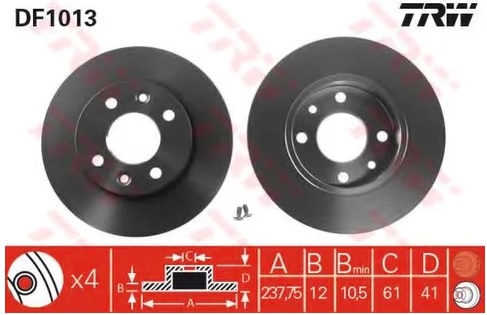 Диск тормозной передний Renault, Dacia TRW DF 1013, D=238 мм