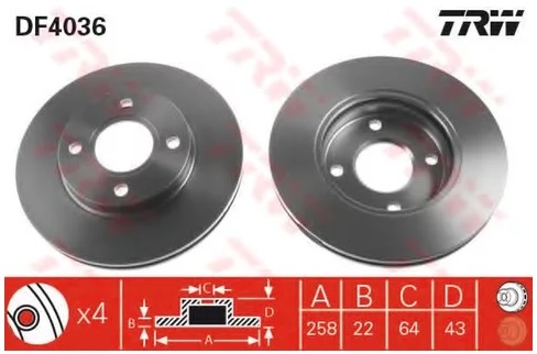 Диск тормозной передний Ford Focus, Fiesta, Mazda TRW DF 4036, D=258 мм