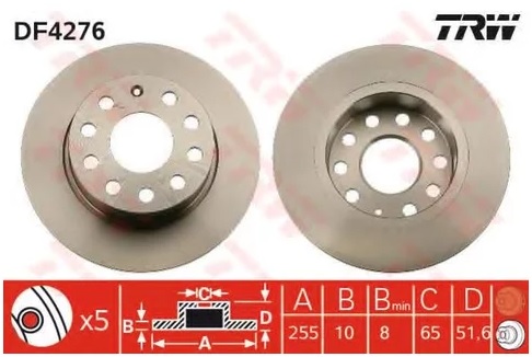 Диск тормозной задний Volkswagen Golf, Audi A3, Skoda Octavia, Skoda Yeti TRW DF 4276, D=253 мм