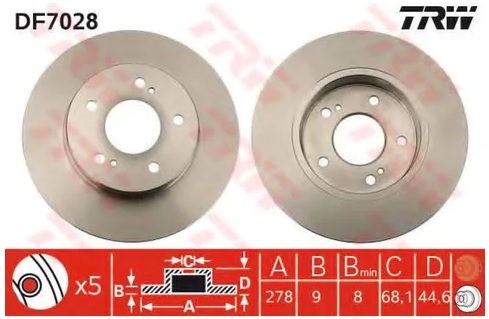 Диск тормозной задний Nissan Cefiro II, III, Maxima IV, V TRW DF 7028, D=278 мм