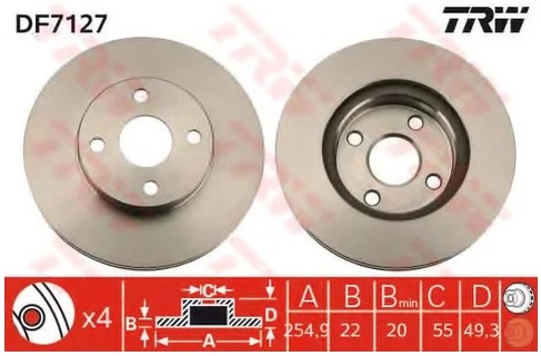 Диск тормозной передний Toyota Corolla TRW DF 7127, D=255 мм