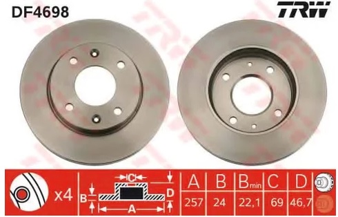 Диск тормозной передний Kia, Hyundai TRW DF 4698, D=257 мм