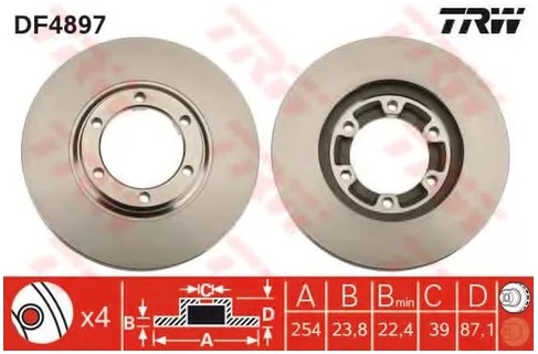 Диск тормозной передний Mitsubishi L 200 TRW DF 4897, D=254 мм