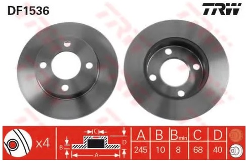 Диск тормозной задний Audi 80, 90, Coupe, Quattro TRW DF 1536, D=245 мм