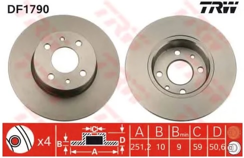 Диск тормозной задний Alfa Romeo, Fiat Croma TRW DF 1790, D=251.5 мм