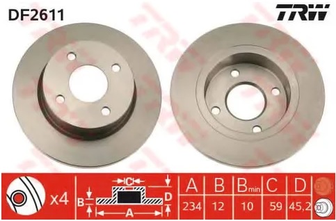 Диск тормозной передний Nissan Micra TRW DF 2611, D=234 мм