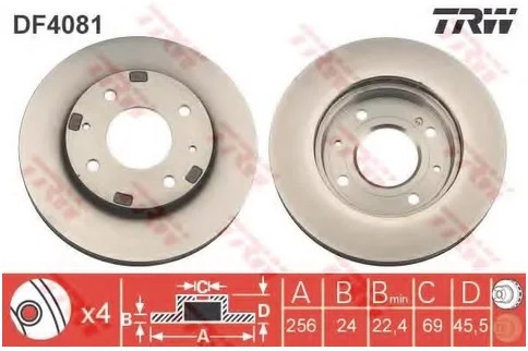 Диск тормозной передний Mitsubishi, Kia, Volvo, Hyundai, Proton TRW DF 4081, D=256 мм