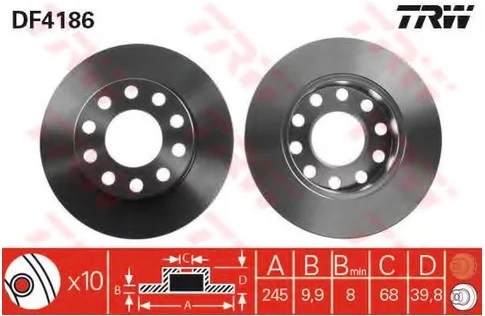 Диск тормозной задний Audi A4, SEAT Exeo TRW DF 4186, D=245 мм