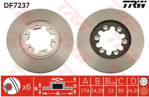 Диск тормозной передний Ford Ranger, Mazda BSERIE, FIGHTER TRW DF 7237, D=274 мм