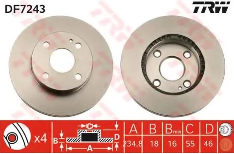 Диск тормозной передний Mazda 323, MX-5 TRW DF 7243, D=234.8 мм