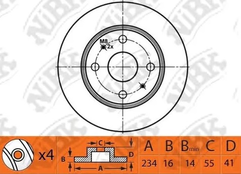 Диск тормозной передний SUBARU JUSTY NiBK RN1481, D=234 мм