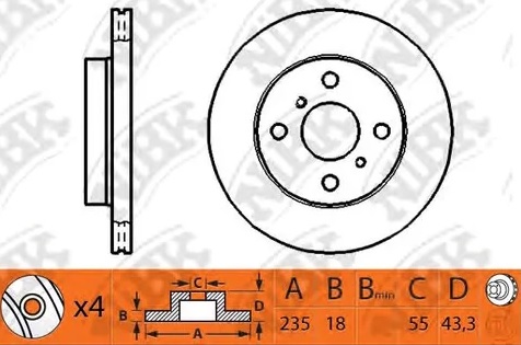 Диск тормозной передний TOYOTA YARIS NiBK RN1127, D=235 мм