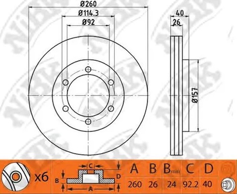 Диск тормозной передний Nissan NP300, PICK UP Nibk RN1452, D=260 мм