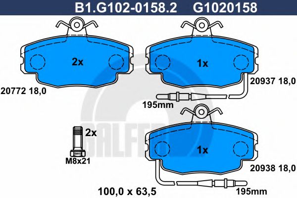 Колодоки тормозные дисковые передние PEUGEOT 205, 309 Galfer B1.G102-0158.2