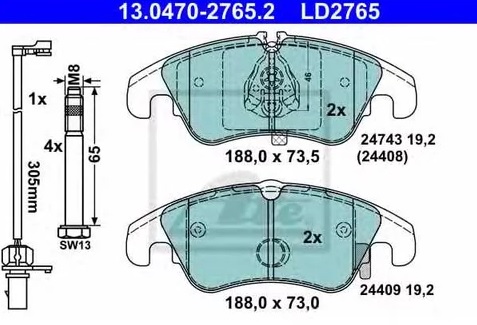 Колодки тормозные дисковые AUDI A6, A7 Ate 13.0470-2765.2 