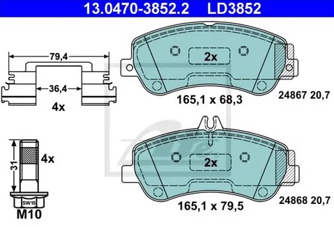 Колодки тормозные дисковые передние MERCEDES GLK Ate 13.0470-3852.2