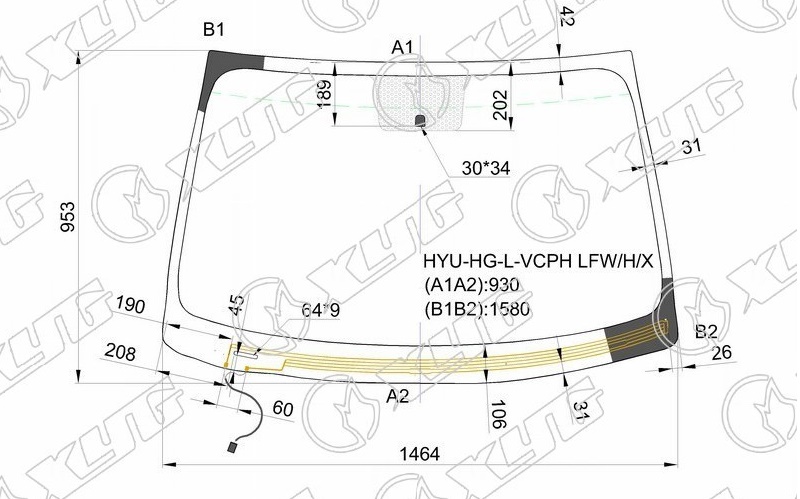 Стекло лобовое с обогревом щеток HYUNDAI AZERA, GRANDEUR XYG HYU-HG-L-VCPH LFW/H/X 