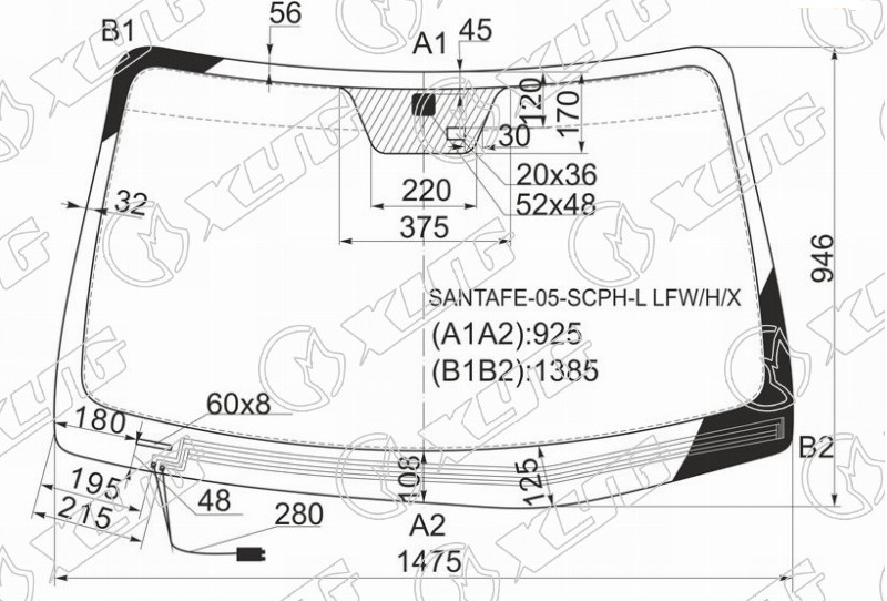 Стекло лобовое с обогревом щеток HYUNDAI SANTA FE XYG SANTAFE-05-SCPH-L LFW/H/X 