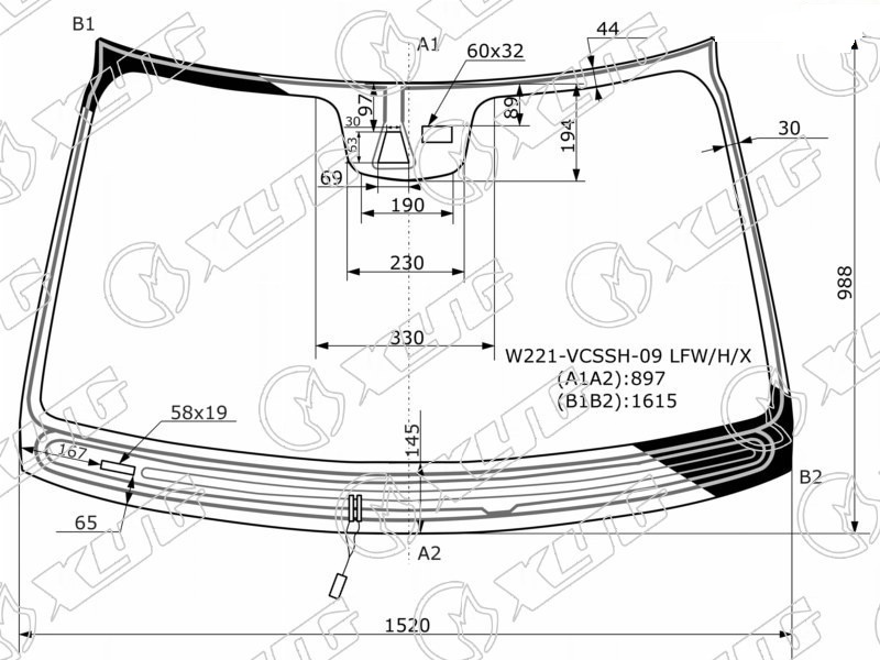 Стекло лобовое с обогревом щеток MERCEDES-BENZ S-CLASS (W221) XYG W221-VCSSH-09 LFW/H/X 