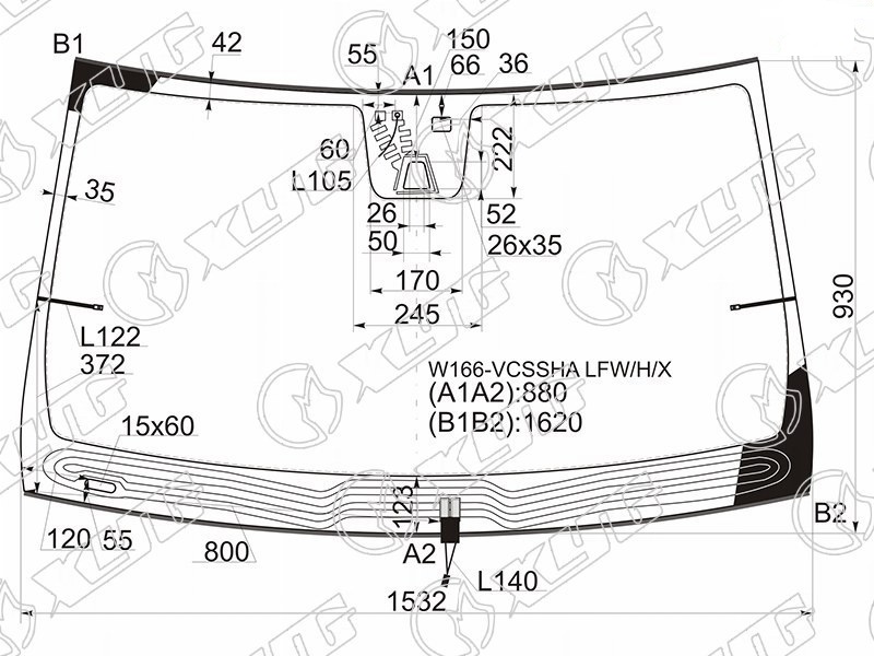 Стекло лобовое с обогревом щеток MERCEDES-BENZ GL, ML-CLASS (W166) XYG W166-VCSSHA LFW/H/X 