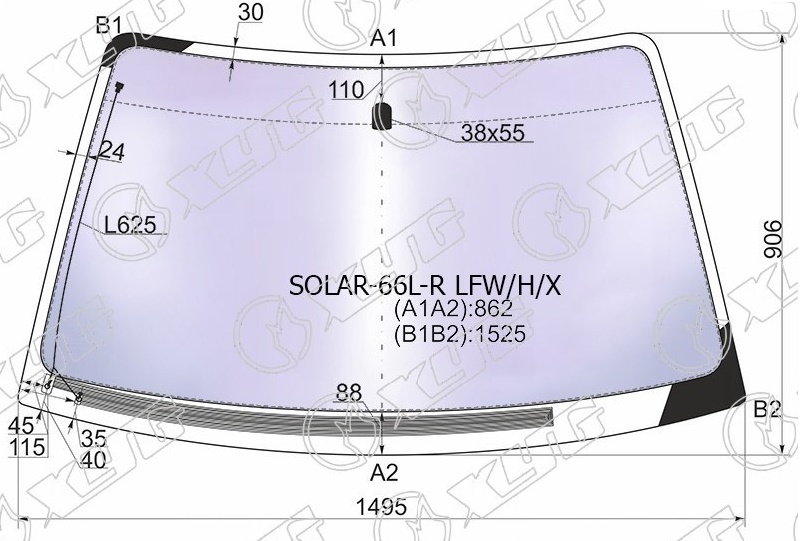 Стекло лобовое атермальное с обогревом щеток SUBARU LEGACY, OUTBACK XYG SOLAR-66L-R LFW/H/X 