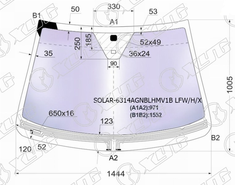 Стекло лобовое атермальное с обогревом щеток CHEVROLET CAPTIVA, OPEL ANTARA XYG SOLAR-6314AGNBLHMV1B LFW/H/X 