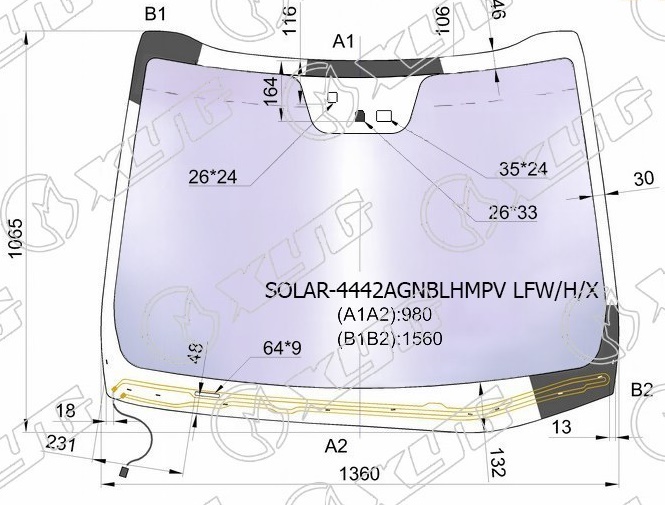 Стекло лобовое атермальное с обогревом щеток KIA CEED XYG SOLAR-4442AGNBLHMPV LFW/H/X 