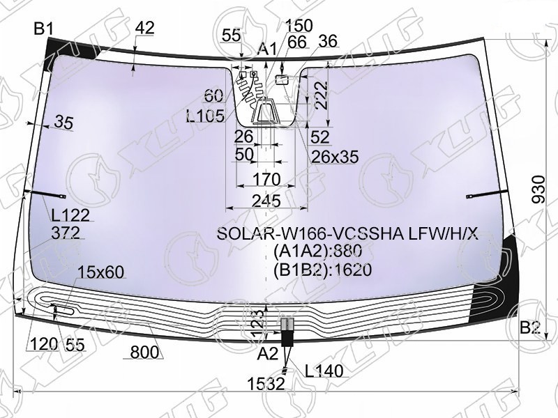 Стекло лобовое атермальное с обогревом щеток MERCEDES GL, ML-CLASS (W166) XYG SOLAR-W166-VCSSHA LFW/H/X 