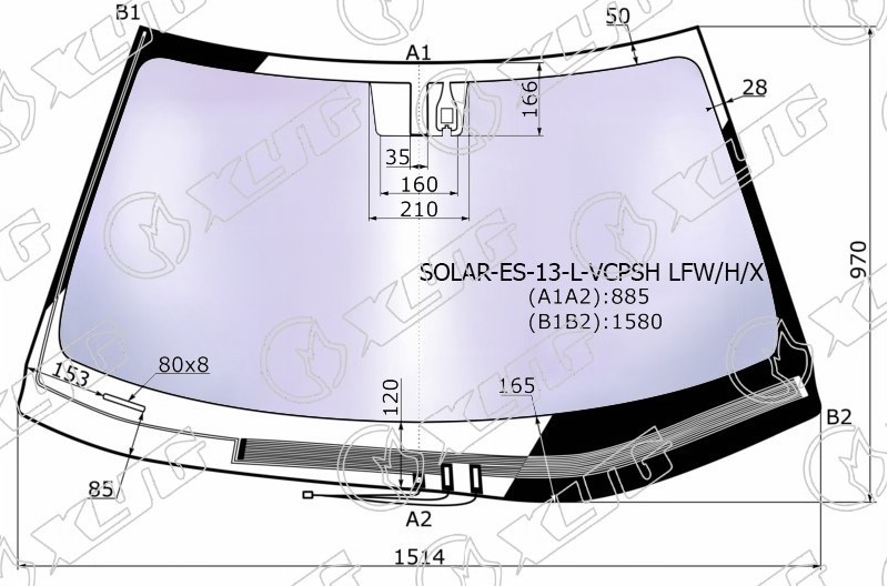 Стекло лобовое атермальное c обогревом щеток LEXUS ES XYG SOLAR-ES-13-L-VCPSH LFW/H/X 