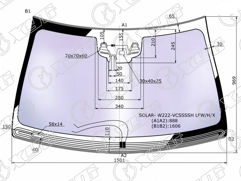 Стекло лобовое атермальное c обогревом щеток MERCEDES S-CLASS (W222) XYG SOLAR-W222-VCSSSSH LFW/H/X 