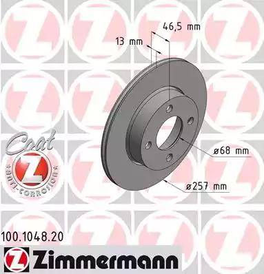 Диск тормозной передний AUDI 100 Otto Zimmermann 100.1048.20, D=257 мм