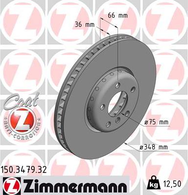 Диск тормозной передний BMW 5 Otto Zimmermann 150.3479.32, D=348 мм