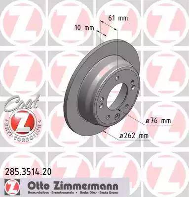 Диск тормозной задний HYUNDAI i30, ix35, KIA CEED Otto Zimmermann 285.3514.20, D=262 мм