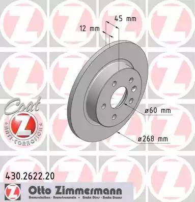 Диск тормозной задний CHEVROLET AVEO, CRUZE, TRACKER Otto Zimmermann 430.2622.20, D=268 мм