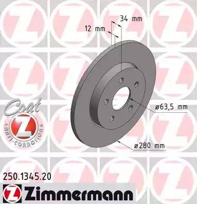 Диск тормозной задний Ford Mondeo Otto Zimmermann 250.1345.20, D=280 мм