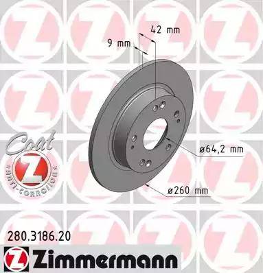 Диск тормозной задний HONDA CIVIC Otto Zimmermann 280.3186.20, D=260 мм